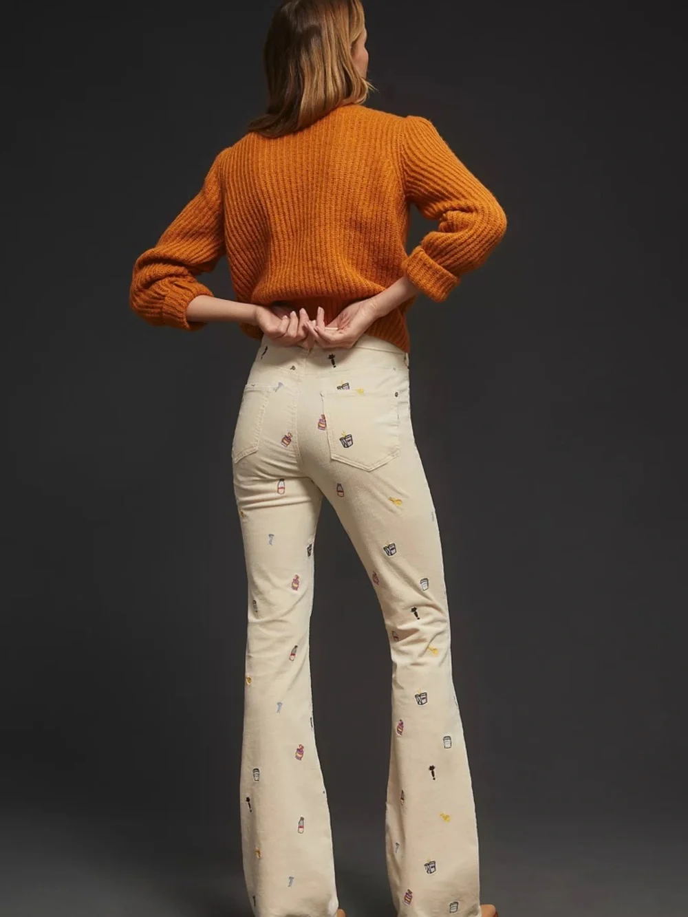 Pilcro Cream Corduroy Embroidered Flare Pants - Picture 9 of 10